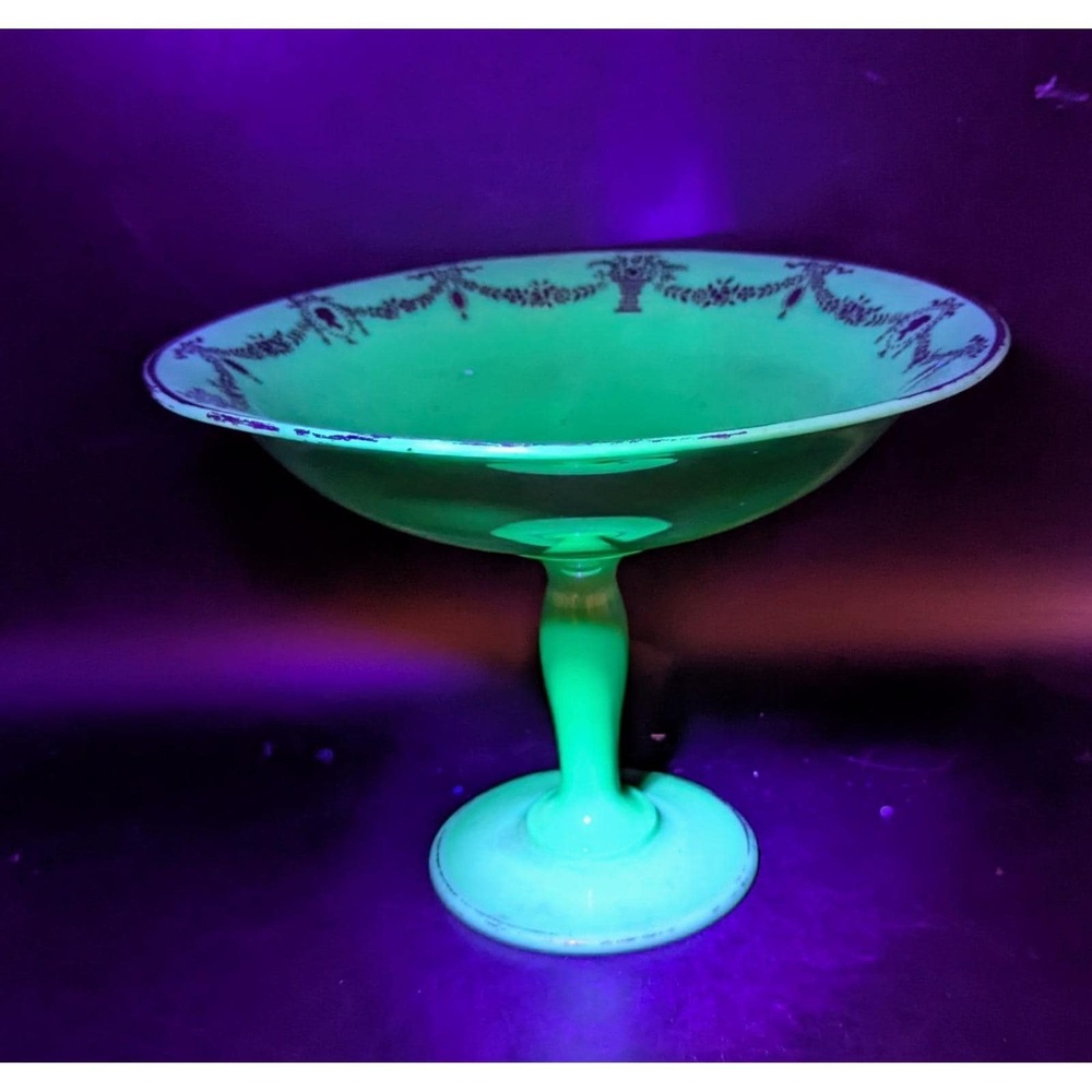 Vintage Art Deco Cambridge Glass Jade Compote Silver Overlay UV Glow 8"